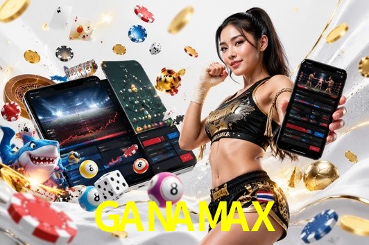 Una escena digital vívida inspirada en casino con GANAMAX mostrado prominentemente, luces brillantes, fichas, cartas y acentos dorados.