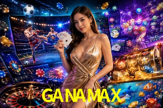 Escena dinámica inspirada en casino con iluminación GANAMAX, cartas, fichas e íconos de juegos digitales en un espacio moderno de juegos.