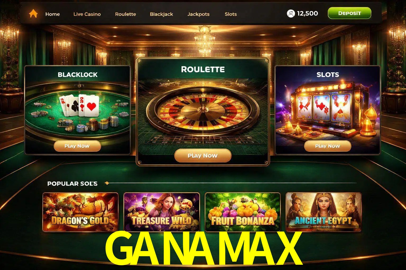 Vista de la plataforma GANAMAX Casino mostrando categorías organizadas de juegos en línea