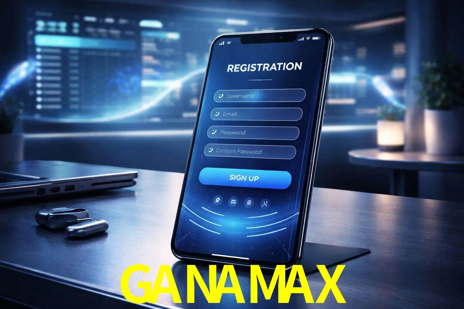 Una interfaz moderna de registro móvil para GANAMAX mostrada en un smartphone con un panel de apuestas elegante.